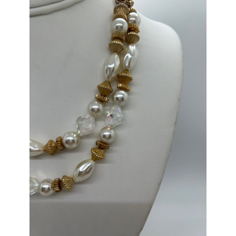 Faux Pearl Necklace Crystals Gold-tone Rope Chain Two Strand Strand Vintage - Picture 4 of 14
